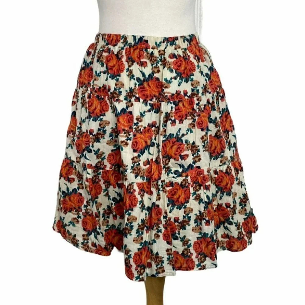 Annabelle‎ S orange/off white floral cotton lined skirt